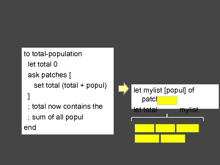 to total-population let total 0 ask patches [ set total (total + popul) ]