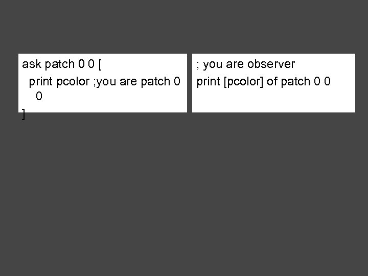 ask patch 0 0 [ print pcolor ; you are patch 0 0 ]