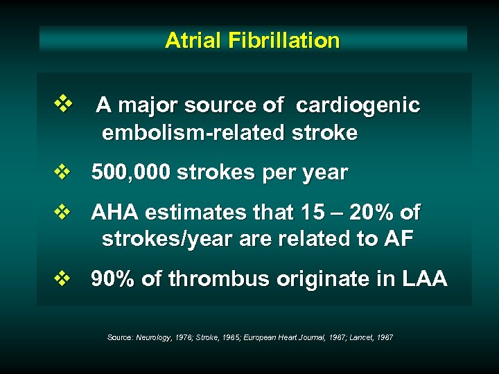 Atrial Fibrillation v A major source of cardiogenic embolism-related stroke v 500, 000 strokes