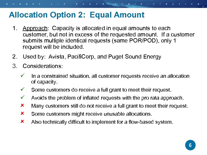 Allocation Option 2: Equal Amount 1. Approach: Capacity is allocated in equal amounts to