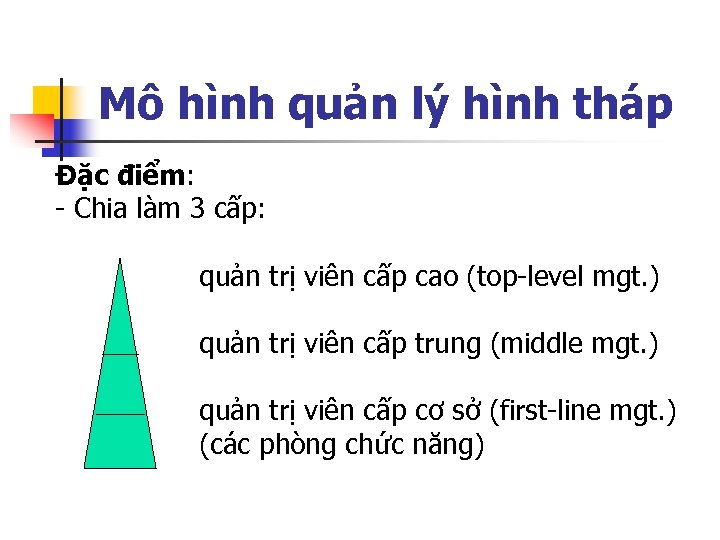 Mô hình quản lý hình tháp Đặc điểm: - Chia làm 3 cấp: quản
