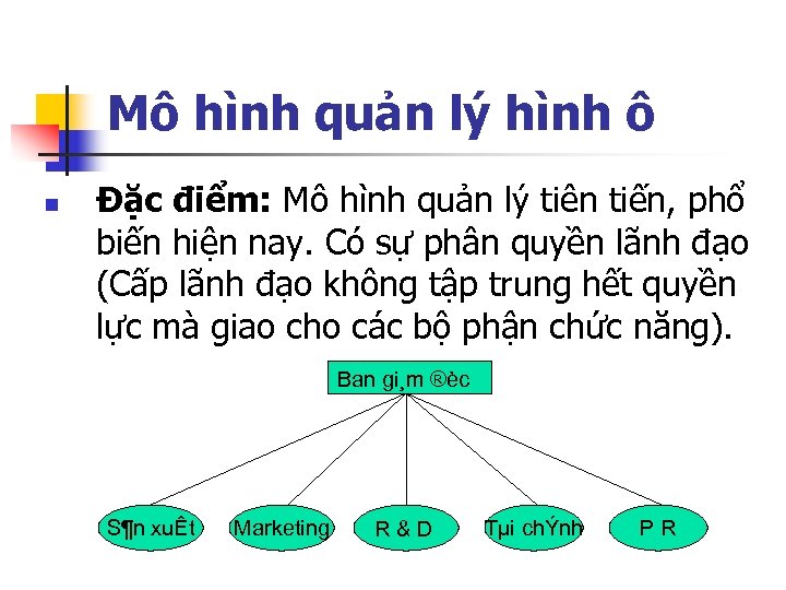 Mô hình quản lý hình ô n Đặc điểm: Mô hình quản lý tiên