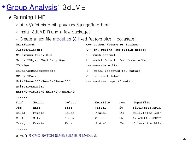  • Group Analysis: 3 d. LME H Running LME å http: //afni. nimh.