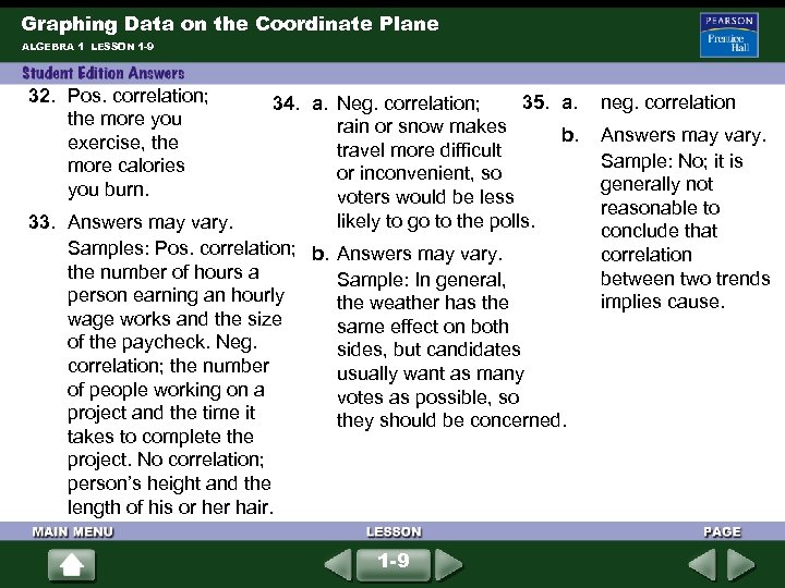 Graphing Data on the Coordinate Plane ALGEBRA 1 LESSON 1 -9 32. Pos. correlation;