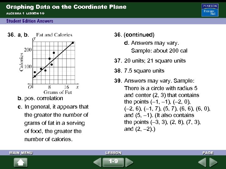 Graphing Data on the Coordinate Plane ALGEBRA 1 LESSON 1 -9 36. a, b.