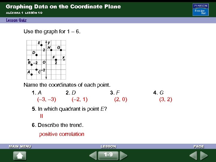 Graphing Data on the Coordinate Plane ALGEBRA 1 LESSON 1 -9 Use the graph