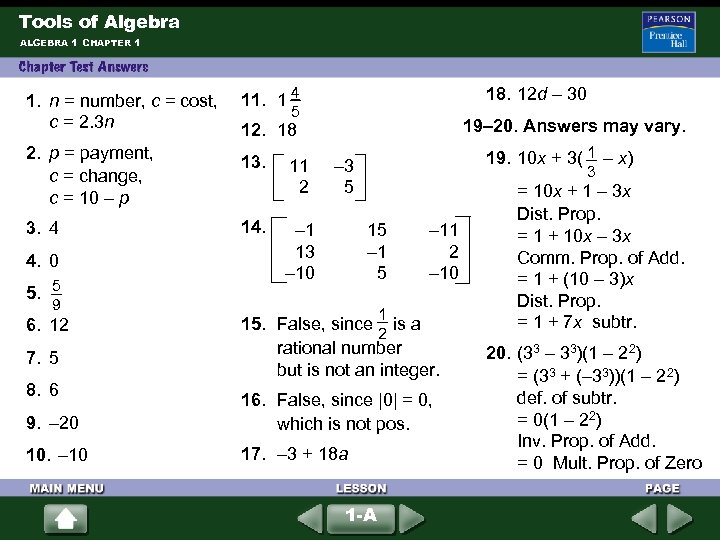 Tools of Algebra ALGEBRA 1 CHAPTER 1 1. n = number, c = cost,