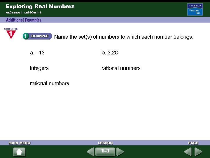 Exploring Real Numbers ALGEBRA 1 LESSON 1 -3 Name the set(s) of numbers to