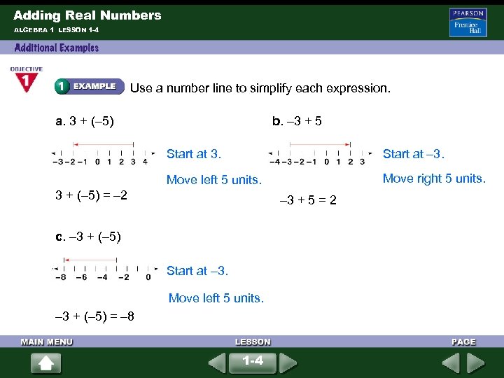 Adding Real Numbers ALGEBRA 1 LESSON 1 -4 Use a number line to simplify