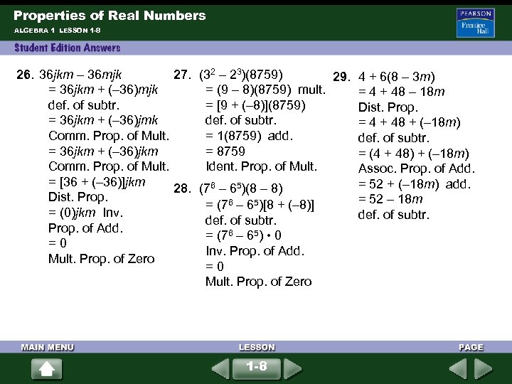 Properties of Real Numbers ALGEBRA 1 LESSON 1 -8 26. 36 jkm – 36