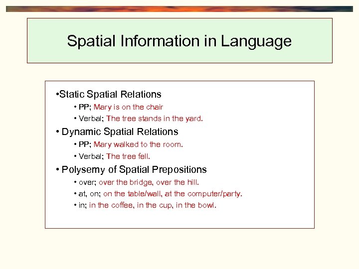 Spatial Information in Language • Static Spatial Relations • PP; Mary is on the