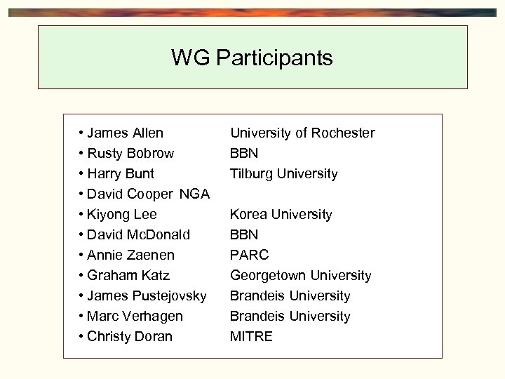 WG Participants • James Allen • Rusty Bobrow • Harry Bunt • David Cooper