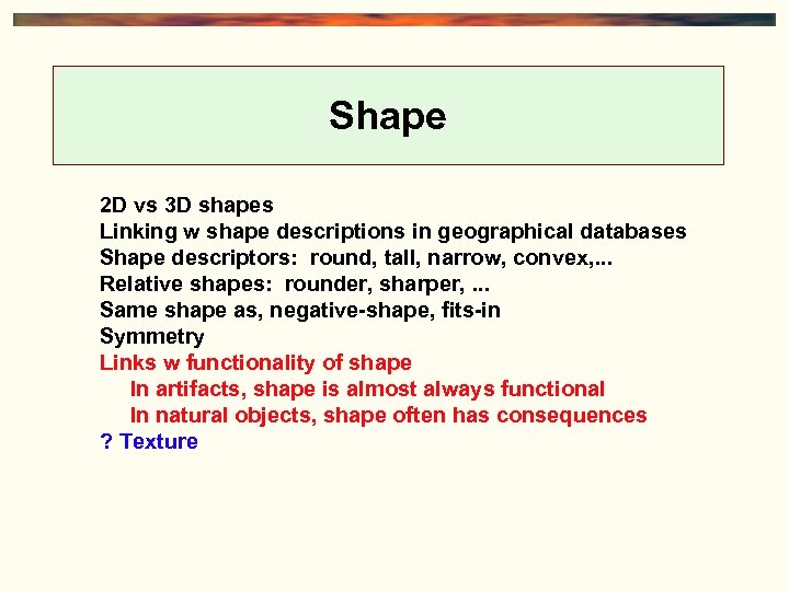 Shape 2 D vs 3 D shapes Linking w shape descriptions in geographical databases