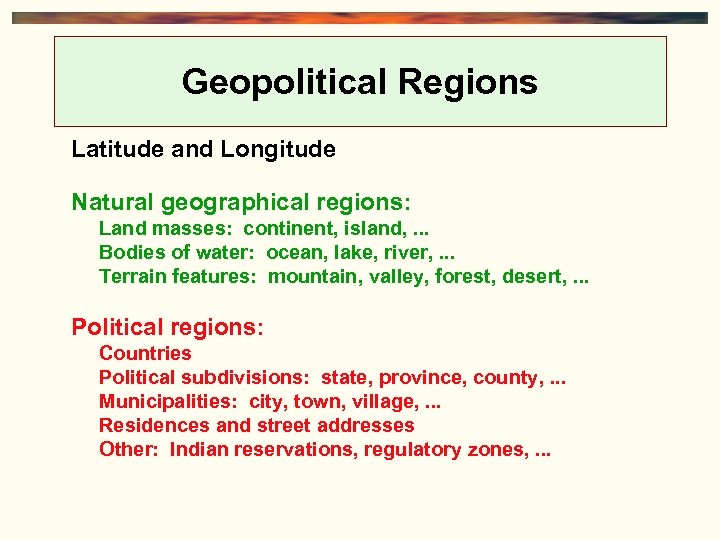Geopolitical Regions Latitude and Longitude Natural geographical regions: Land masses: continent, island, . .