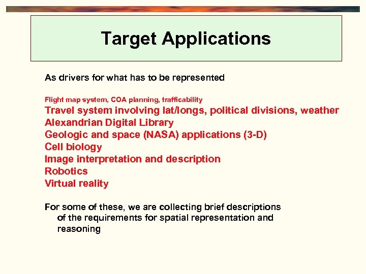 Target Applications As drivers for what has to be represented Flight map system, COA