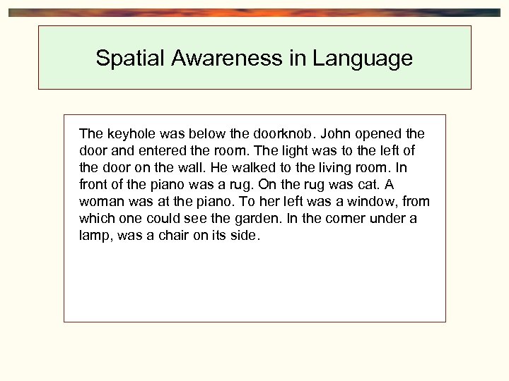 Spatial Awareness in Language The keyhole was below the doorknob. John opened the door
