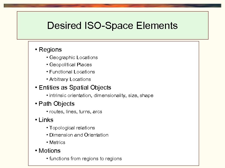 Desired ISO-Space Elements • Regions • Geographic Locations • Geopolitical Places • Functional Locations