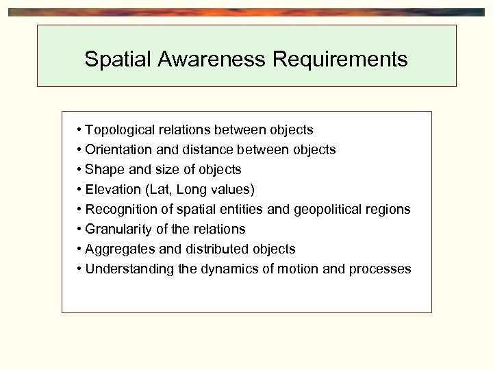Spatial Awareness Requirements • Topological relations between objects • Orientation and distance between objects