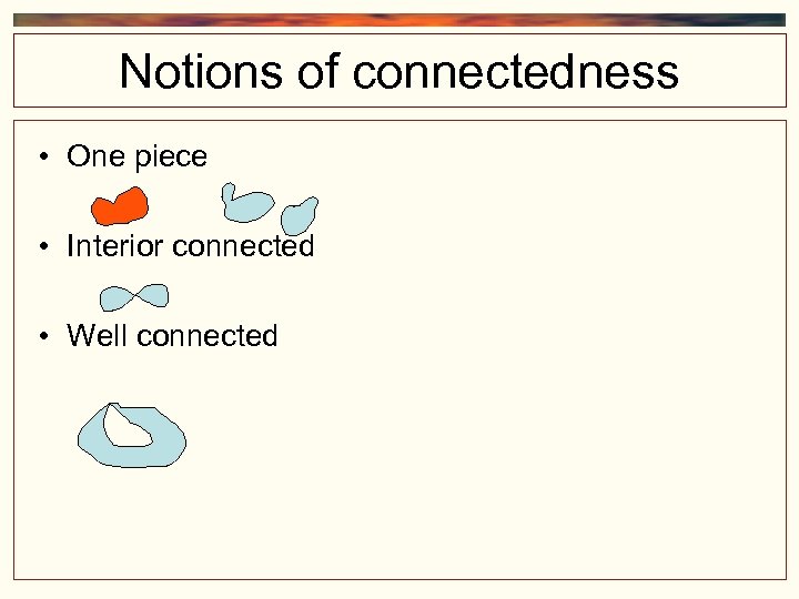 Notions of connectedness • One piece • Interior connected • Well connected 