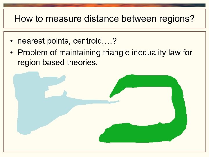 How to measure distance between regions? • nearest points, centroid, …? • Problem of