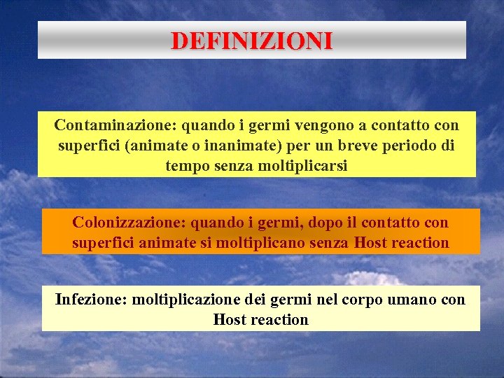 DEFINIZIONI Contaminazione: quando i germi vengono a contatto con superfici (animate o inanimate) per