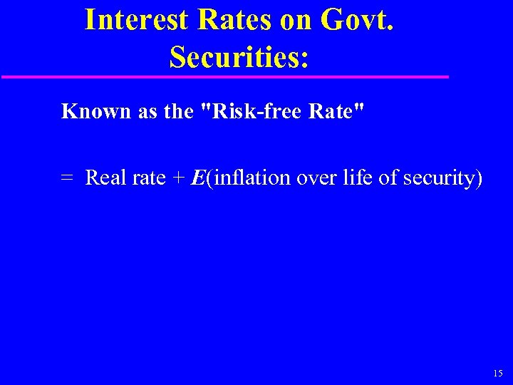 Interest Rates on Govt. Securities: Known as the "Risk-free Rate" = Real rate +