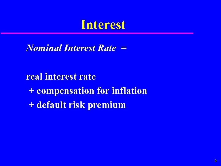 Interest Nominal Interest Rate = real interest rate + compensation for inflation + default