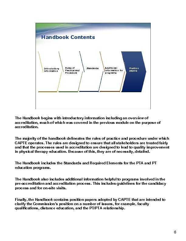 Handbook Contents Introductory information Rules of Practice and Procedure Standards Additional information for programs