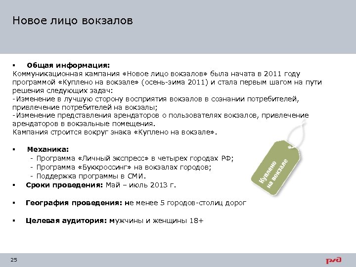 Новое лицо вокзалов § Общая информация: Коммуникационная кампания «Новое лицо вокзалов» была начата в