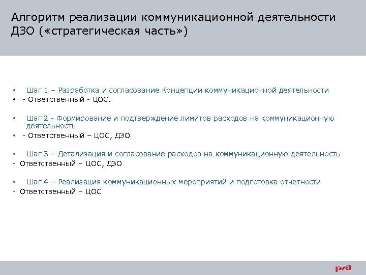 Алгоритм реализации коммуникационной деятельности ДЗО ( «стратегическая часть» ) • Шаг 1 – Разработка