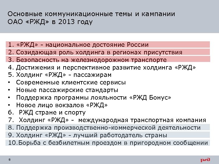 Основные коммуникационные темы и кампании ОАО «РЖД» в 2013 году 1. «РЖД» - национальное