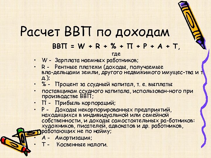 Расчет ВВП по доходам ВВП = W + R + % + П +