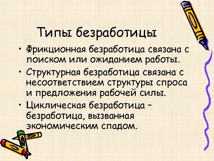 Типы безработицы • Фрикционная безработица связана с поиском или ожиданием работы. • Структурная безработица