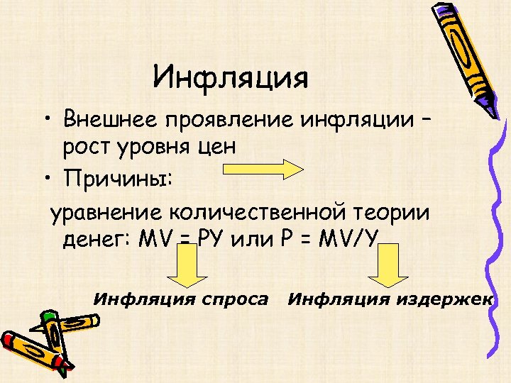 Инфляция • Внешнее проявление инфляции – рост уровня цен • Причины: уравнение количественной теории