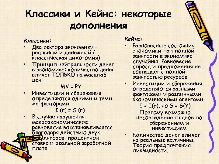 Классики и Кейнс: некоторые дополнения Классики: • Два сектора экономики – реальный и денежный