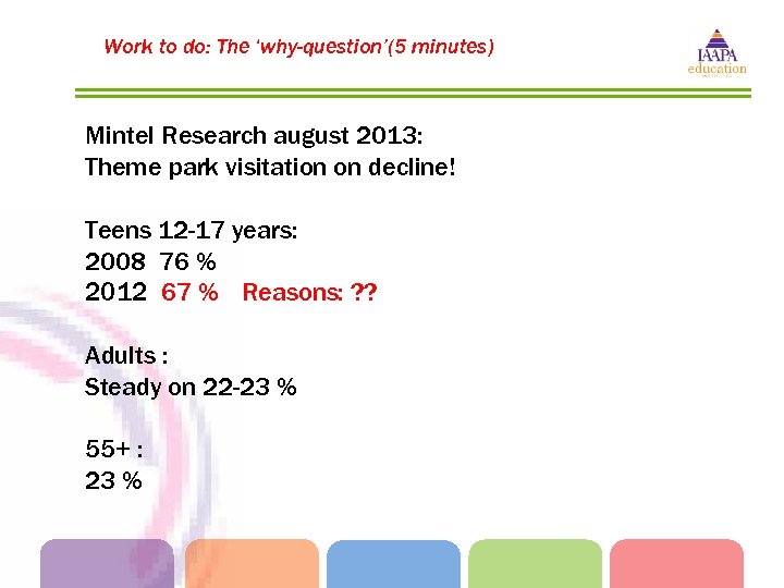 Work to do: The ‘why-question’(5 minutes) Mintel Research august 2013: Theme park visitation on