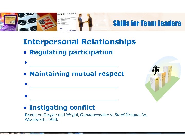 Skills for Team Leaders Interpersonal Relationships • Regulating participation • ____________ • Maintaining mutual