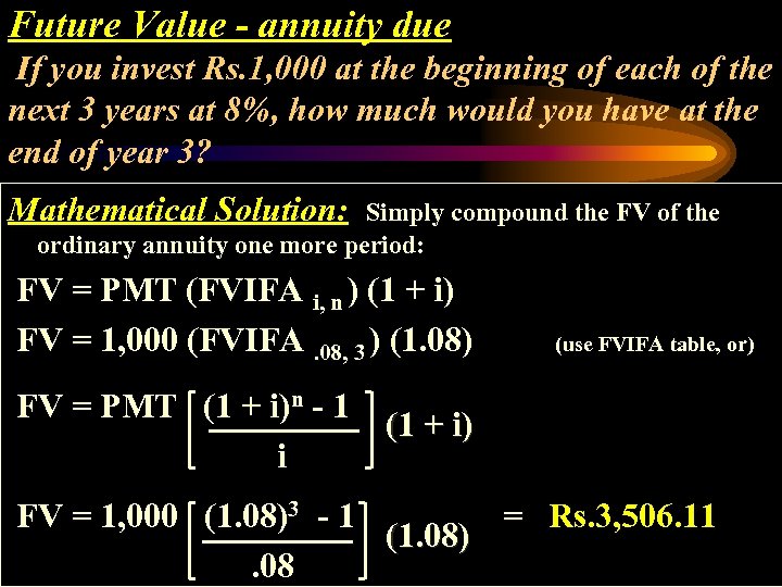 Future Value - annuity due If you invest Rs. 1, 000 at the beginning