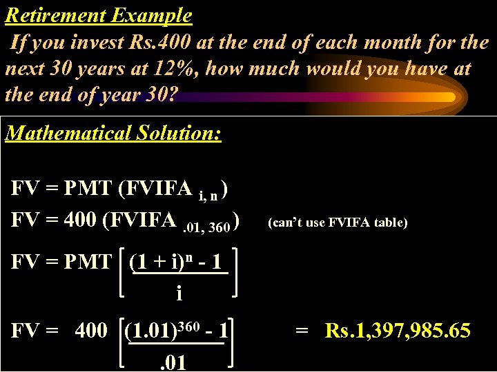 Retirement Example If you invest Rs. 400 at the end of each month for