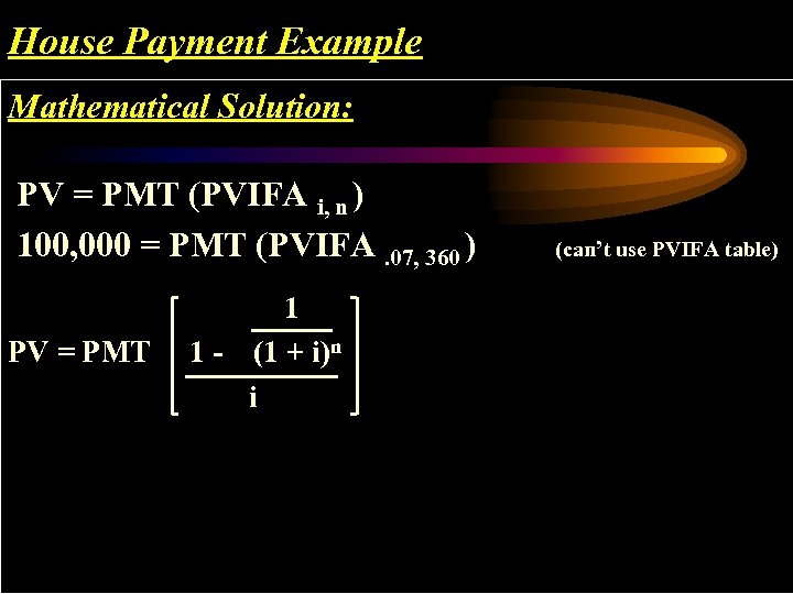 House Payment Example Mathematical Solution: PV = PMT (PVIFA i, n ) 100, 000
