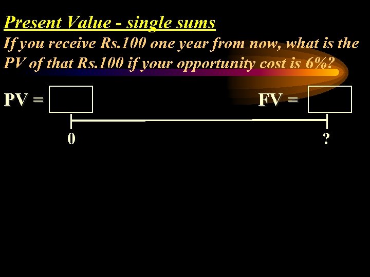 Present Value - single sums If you receive Rs. 100 one year from now,