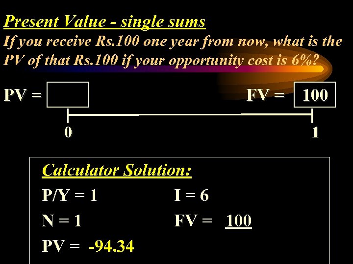Present Value - single sums If you receive Rs. 100 one year from now,