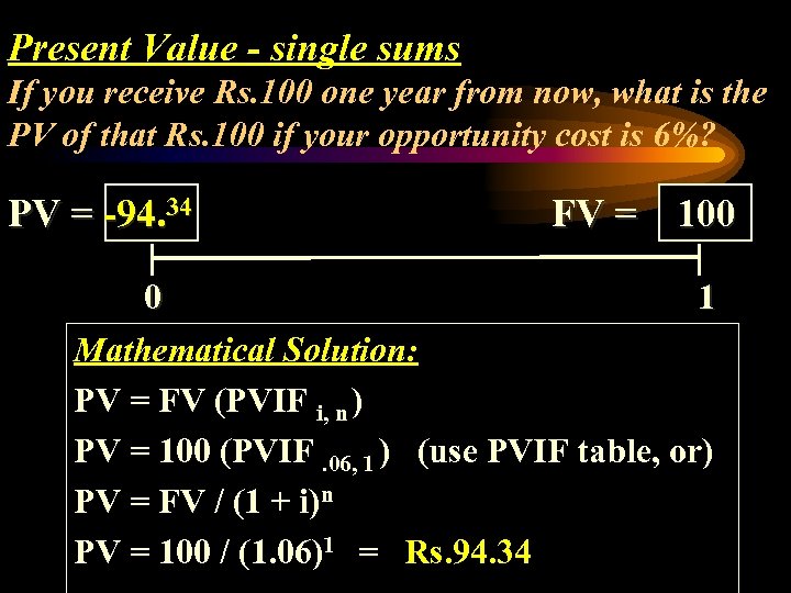 Present Value - single sums If you receive Rs. 100 one year from now,