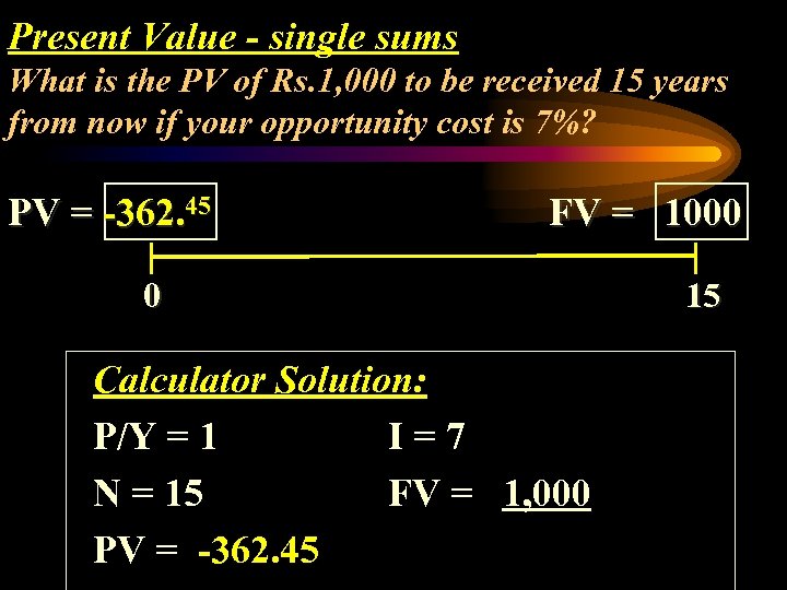 Present Value - single sums What is the PV of Rs. 1, 000 to