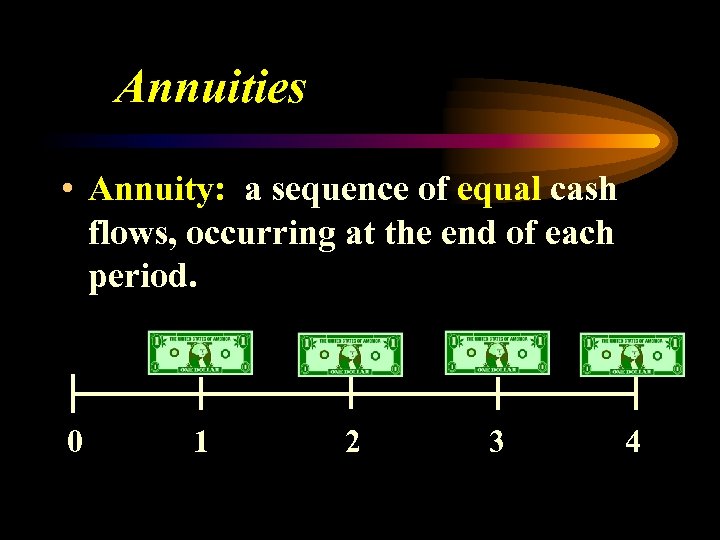 Annuities • Annuity: a sequence of equal cash flows, occurring at the end of
