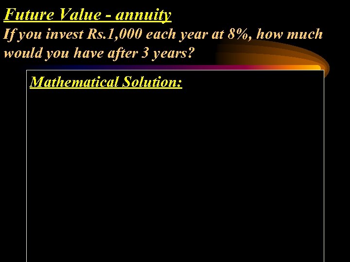 Future Value - annuity If you invest Rs. 1, 000 each year at 8%,