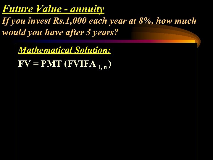 Future Value - annuity If you invest Rs. 1, 000 each year at 8%,