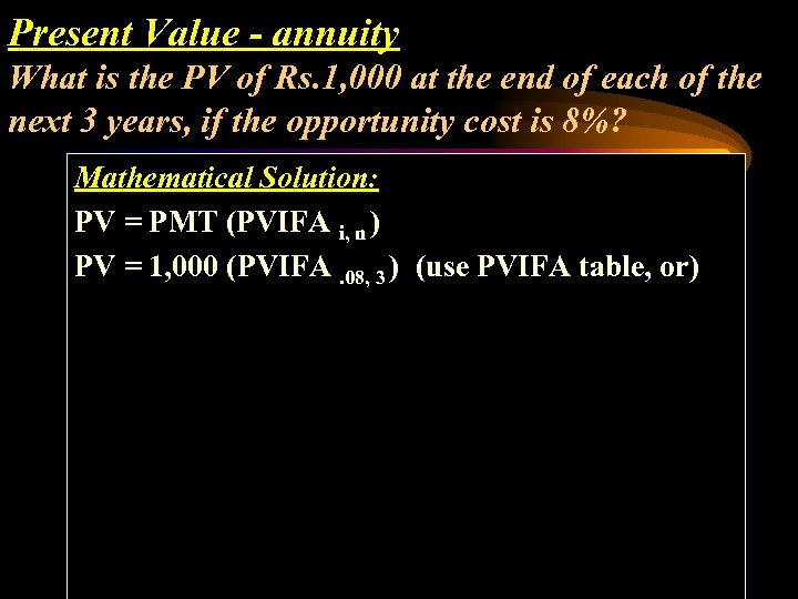 Present Value - annuity What is the PV of Rs. 1, 000 at the