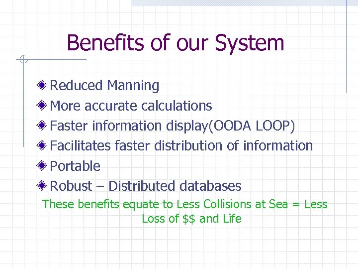 Benefits of our System Reduced Manning More accurate calculations Faster information display(OODA LOOP) Facilitates