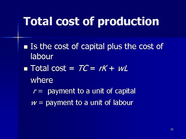 Total cost of production Is the cost of capital plus the cost of labour